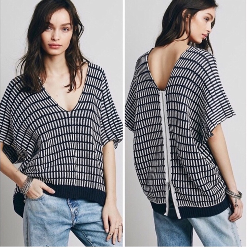 FREE PEOPLE Navy and White Pullover Sweater